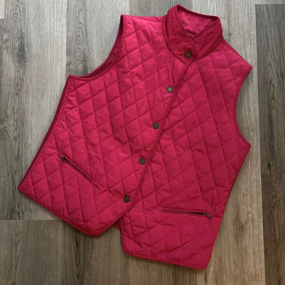 Talbots Hot Pink Quilted Snap Front Vest Womens L Pockets Wool Stretch Side